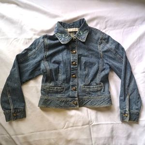 Blue denim jacket w/ gold buttons & beaded collar